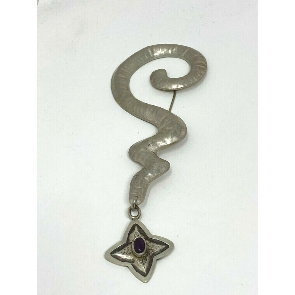 Bohemian Silver Signed Pin Brooch Swirled Snake Tail 4 point Flower Purple Stone